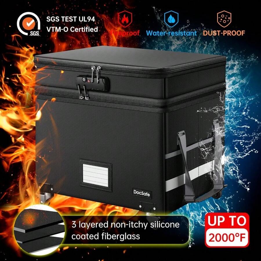 File Box With Lock, Multi-Layer Fireproof Document Box With Wheels,Collapsible Rolling File Storage Organizer Box With Pockets,Large Portable Home Office Filing Cabinet For Hanging Folders