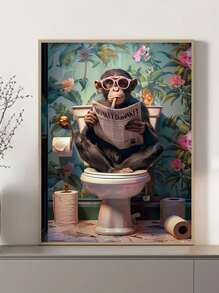 1pc, Canvas Hanging Picture, Framed Decorative Painting, Poster, Wall Art, Animals, Charming Monkey Reading Newspaper On Toilet - Canvas Wall Painting, Perfect For Modern Living Room, Bedroom, Bathroom Decoration And Gift, Art Deco Style, Modern Style, Minimalist Style, Animal Theme, Autumn, Spring Gifts Birthday Graduation