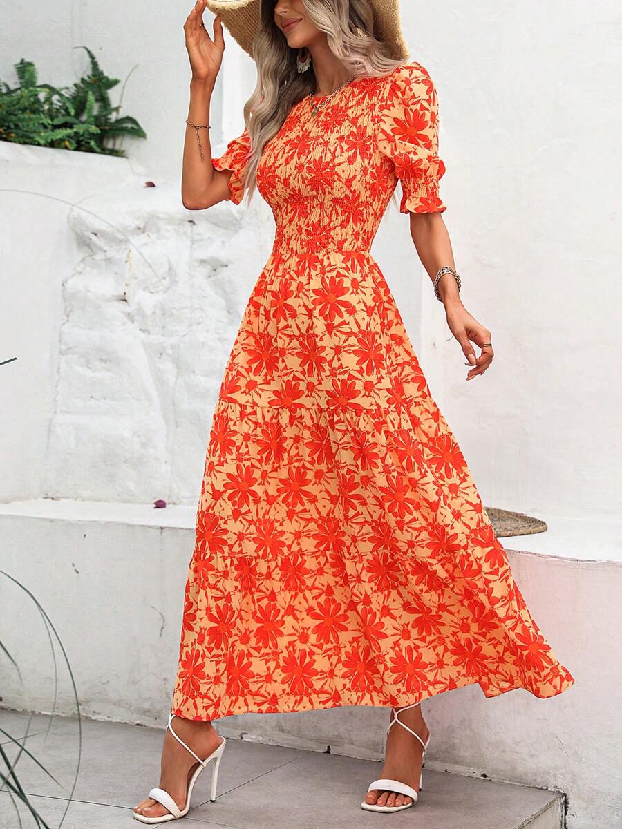 Women Casual Summer Crew Neck Ruffle Short Sleeve Floral Print Polka Dots Smocked Dress Button Keyhole Back Spring Boho Bohemia Tropical Flowy Beach Holiday Vacation Valentine Long Maxi Dress - trái cam - Xem 1