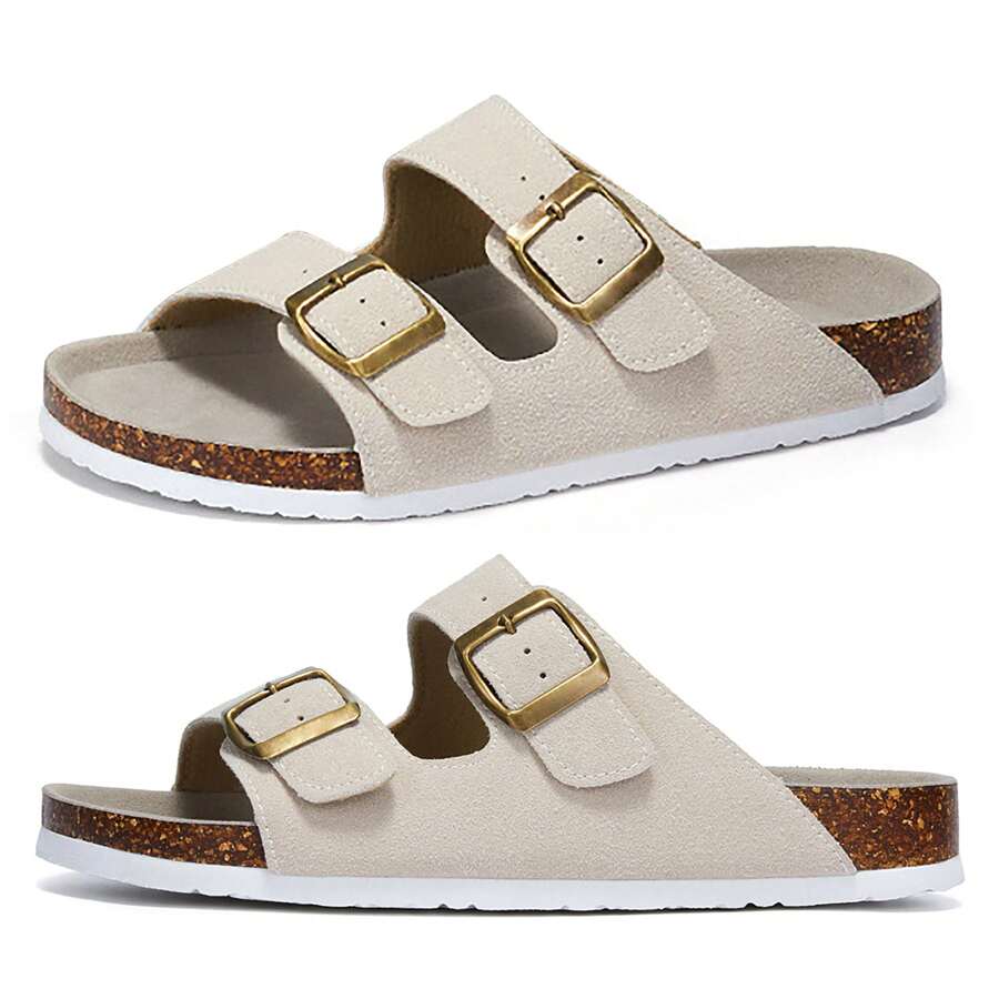 Women's Slip-On Sandals With Straps Adjustable Buckle Comfort Cork Footbed Slide Sandals - Beige - View 1