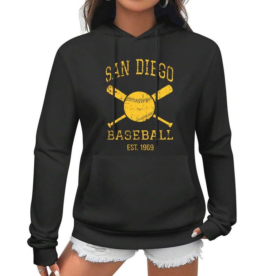 San Diego Baseball Team, Women's Loose Hoodie, Long Sleeve Kangaroo Pocket Pullover Women Sweatshirt Clothing, Comfy For All Season Wear, Suitable As A Gift - Black - View 1