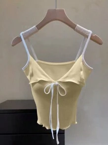 Damen sexy farbblockiges V-Ausschnitt Schleifen Rüschen Saum verstellbare Träger Bustier Top für Yoga & Sport