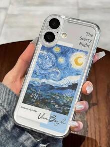 1 pieza Funda de teléfono a prueba de golpes de cobertura total de TPU con patrón pintado de la Noche Estrellada y Pequeño Pueblo compatible con iPhone 16, 15, 14, 13, 12, 11 Pro Max