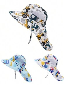 1pc Kids Cartoon Vehicle & Excavator Print Sun Hat, Large Shawl Collar Design Beach/Vacation Sun Protection Bucket Hat, Spring/Summer - Excavator Truck - View 1