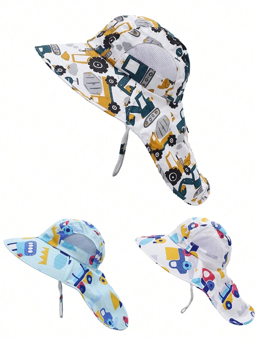 1pc Kids Cartoon Vehicle & Excavator Print Sun Hat, Large Shawl Collar Design Beach/Vacation Sun Protection Bucket Hat, Spring/Summer - Excavator Truck - View 1