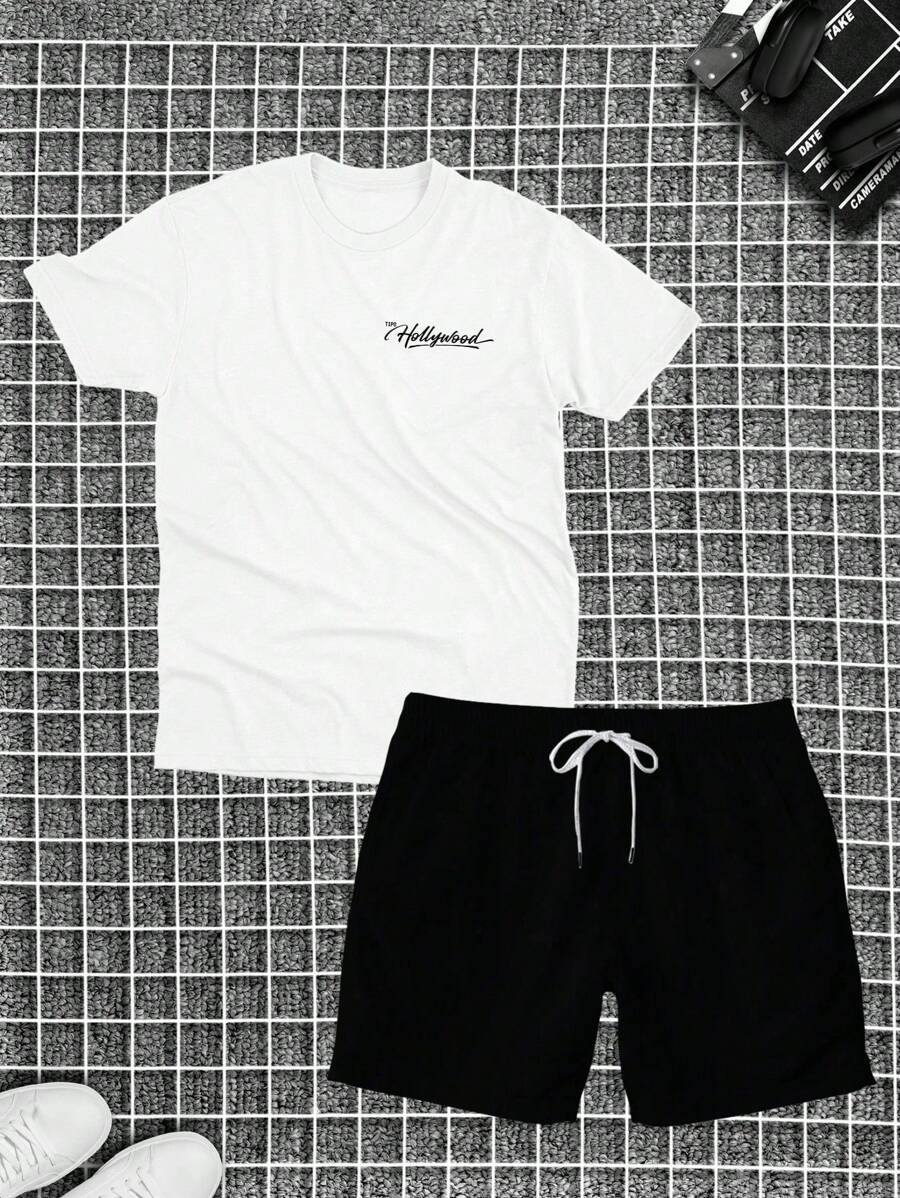 Cotton T-Shirt + Tectel Shorts Set For Men, Adult, New HL - 白色 - 查看 1
