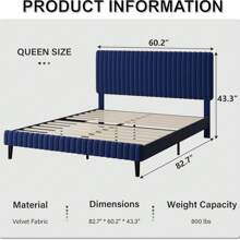 Twin/ Full/ Queen/ King Upholstered Size Bed Frame, Adjustable Velvet Headboard, Modern Bed Frame With Horizontal Channel Design, Strong Wooden Slats Support, No Box Spring Needed, Noise-Free, Easy Assembly, Twin Bed Frame Room Decor Home Decor Christmas Decor Bedroom Decor Valentine Day Decor Storage Living Room Decor Furniture House Decor, Pink/ Green/ Black/ Blue/ White - 藍色 - 查看 9