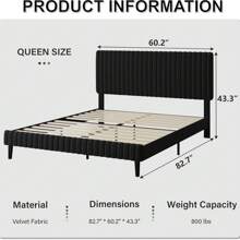 Twin Bed Frame, Velvet Upholstered Platform Bed With Vertical Channel Tufted Headboard And Footboard, Pink/ White/ Green/ Black/ Blue, Full Bed Frame/ Queen Bed Frame/ King Bed Frame ﻿ - 黑色 - 查看 10