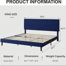 Twin/ Full/ Queen/ King Upholstered Size Bed Frame, Adjustable Velvet Headboard, Modern Bed Frame With Horizontal Channel Design, Strong Wooden Slats Support, No Box Spring Needed, Noise-Free, Easy Assembly, Twin Bed Frame Room Decor Home Decor Christmas Decor Bedroom Decor Valentine Day Decor Storage Living Room Decor Furniture House Decor, Pink/ Green/ Black/ Blue/ White - 藍色 - 查看 10