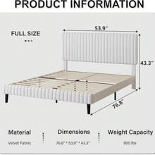 Estructura de cama individual/matrimonio/queen/king, estructura de cama de terciopelo, estructura de cama tapizada con cabecero y pie de cama acolchados con costuras verticales, disponible en rosa/verde/negro/azul/blanco - Blanco - Ver 8