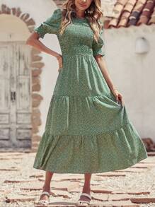 Women Casual Summer Crew Neck Ruffle Short Sleeve Floral Print Polka Dots Smocked Dress Button Keyhole Back Spring Boho Bohemia Tropical Flowy Beach Holiday Vacation Valentine Long Maxi Dress - chấm bi xanh - Xem 1