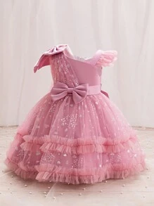 H HIBOBI فستان حفلة عيد ميلاد بنات رقيق غير متماثل الأكمام مزين بالكشكشة والشريط