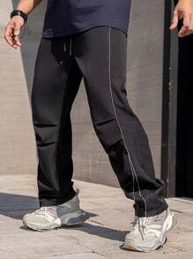 Men's Luminous Printed Reflective Side Webbing Casual Pants With Pockets - Black - View 5