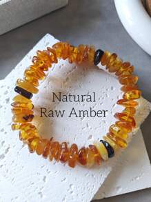 Natural Baltic Raw Amber Bracelet Elastic Therapy Gemstone Bangle Jewelry Indie Stylish Calm And Peace Accessorize Fossil Resin Energy Gift For Couple's Presents For Man And Woman