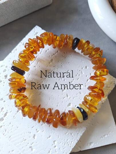 Natural Baltic Sea Amber Bracelet, Elastic Healing Gemstone Bangle, Fashion Accessory, Peaceful And Calm, Fossilized Resin Energy Gift, Suitable For Couples, Men And Women (This Batch Of Beads Are Smaller Than Before, With Good Polishing)