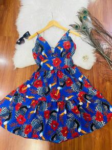 HONGDA VARIETIES New Dress At The Back With Elastane Ties And Adjustable String With Print Cold Harvest Material - Xanh đậm - Xem 3