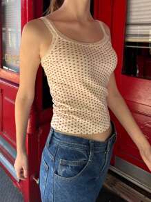 Women's Heart Print Cami Tops Sleeveless Low Cut Lace Trim Slim Fit Camisole Tank Tops - 象牙白 - 查看 2