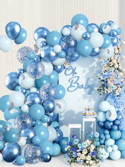 111Pcs Blue Light Blue Metallic Blue Butterfly Garland Arch Balloon, Wedding Birthday Party Decoration Gold Confetti Latex Balloon Shower Supply