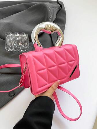 韩国时尚压花格纹字母休闲手提包女2024新款网红简约方形斜挎包