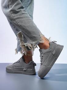 Deportivas de plataforma con cordones y encaje gris estilo sencillo para mujer, calzado deportivo unisex ligero y cómodo para uso casual/diario, nuevo lanzamiento 2025