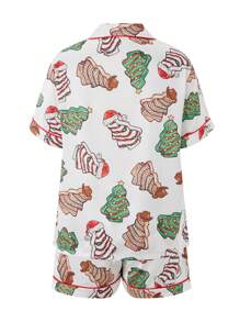 Women Christmas Pajamas Sets Cute Satin Silk PJs 2 Piece Outfits Long Sleeve Button Down Santa Claus Shirt Lounge Shorts Sets - Tan - View 4