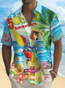 5 O'Clock Parrot Print Men's Button Pocket Short Sleeve Shirt - Baby Blue - View 1