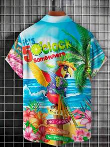 5 O'Clock Parrot Print Men's Button Pocket Short Sleeve Shirt - Baby Blue - View 2
