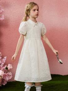 ASK JUNIOR Tween Girl Jacquard Short Puff Sleeve Cute Princess Dress - Beige - View 3