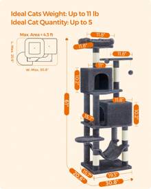 Feandrea Cat Tree, 61-Inch Cat Tower For Indoor Cats, Plush Multi-Level Cat Condo With 5 Scratching Posts, 2 Perches, 2 Caves, Hammock, 2 Pompoms - Grey - View 2