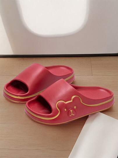 女士卡通熊露趾透气耐用纯色拖鞋，男/女 EVA 一脚蹬家居拖鞋，适合春夏季