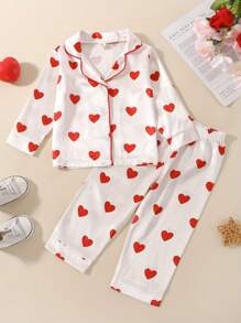 Kids Toddler Baby Girl Valentine's Day Pajamas Set, Heart Print Lapel Button Silk Pajamas 2 Piece Satin Pjs Sleepwear Outfit - 紅色 - 查看 2