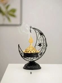 1pc Moon Shaped Metal Incense Burner, Black & Gold, Minimalist Modern Style, Luxury Style Incense Holder, Middle Eastern Arabic Incense Burner, Suitable For Home, Living Room, Office, Hotel, Holiday Decor - Multicolor - View 7