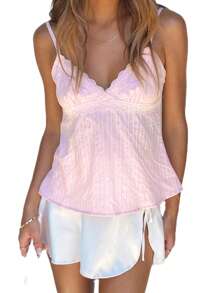Women's V-Neck Lace Trim Camisole Spaghetti Strap Peplum Crop Tank Tops Loose Sleeveless Ruffle Hem Vest Shirts - Hồng - Xem 1