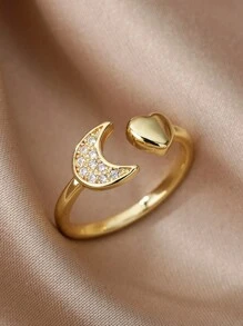 Two Heart Stainless Steel Rings With Cubic Zirconia 18K Gold-Plated Adjustable Open Ring For Women Romantic Golden Wedding Memorial Jewelry Holiday Accessories Mother's Day, Valentine's Day Gifts