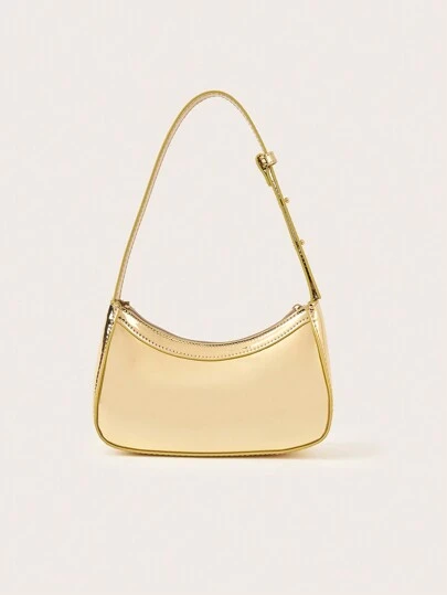 1pc Mirrored Silver Color Handbag, Shiny Leather Reflective Clutch For Girls