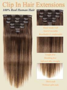 7片/套夹式接发，真人发，#4/27/4 中棕色/栗棕色混合直发，夹式真人发接发