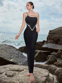 ADYCE 女士水钻装饰不对称领口无袖高腰露背正式晚礼服、派对礼服、婚礼宾客礼服、晚礼服