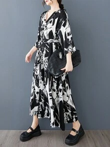 上衣,波西米亚风休闲沙滩裙,节日优雅连衣裙,2025新款夏季V领短袖宽松单排扣衬衫印花休闲连衣裙,大码休闲衬衫开衫腰带连衣裙, - 黑色 - 查看 4