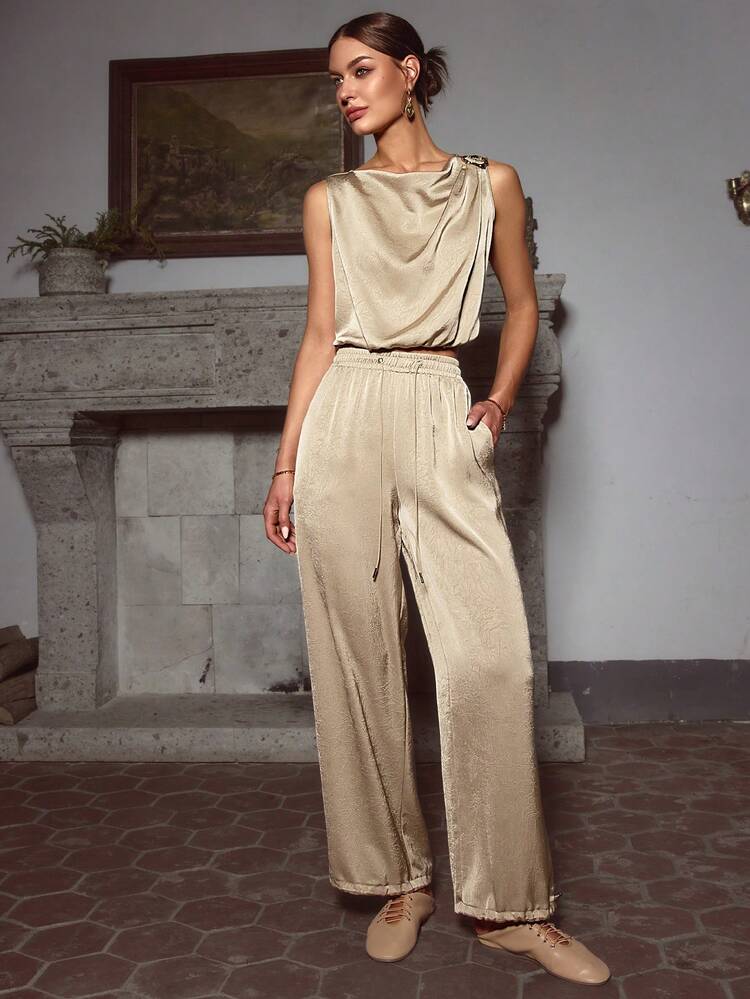 Women's Summer Casual Sleeveless Mandarin Collar Metal Buckle Decorated Top And Drawstring Waist Adjustable Hem Loose Pants Set, Suitable For Outings, Vacations, Music Festivals Elegant - Khaki - View 4