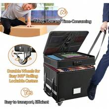 File Box With Lock, Multi-Layer Fireproof Document Box With Wheels,Collapsible Rolling File Storage Organizer Box With Pockets,Large Portable Home Office Filing Cabinet For Hanging Folders