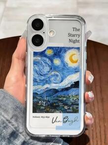 1 pieza Funda de teléfono a prueba de golpes de cobertura total de TPU con patrón pintado de la Noche Estrellada y Pequeño Pueblo compatible con iPhone 16, 15, 14, 13, 12, 11 Pro Max