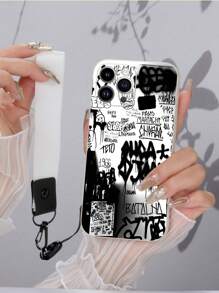 Slogan 1pc White TPU Spray Paint Patchwork Pattern Shockproof Phone Case And 1pc White Lanyard Strap Compatible With IPhone Cases/Matching Phone Cases/Fun Phone Cases/Android Phone Cases/ Phone Cases/ Phone Cases/OPPO Phone Cases, Compatible With Iphone 16 Pro Max/ A14/A54/A52/A31 4G/A23, Redmi Note 8 Pro/11 Pro 4G/12 4G, OPPO A54