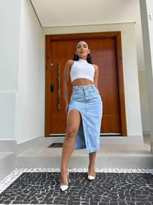 Midi Denim Skirt With Slit Women's Long Midi Skirt High Waist Slit Design One-Sided Thigh Split - 淺色水洗藍 - 查看 3