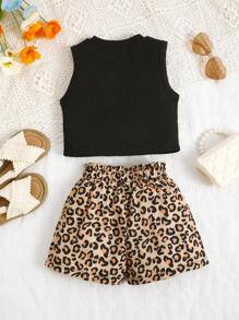 Conjunto de ropa de verano para niñas de 4 a 7 años, blusa de cuello redondo de unicolor + pantalones cortos con estampado de leopardo y mariposa, adecuado para uso diario y al aire libre