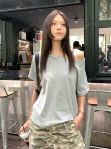 Solid Color Short Sleeve T-Shirt, Loose Slouchy Off-Shoulder Off Shoulder Lightweight Breathable Blouse