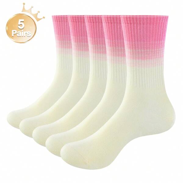 YUEDGE Womens Blue Cotton Crew Socks For Women Size 6-9, Cushioned Gym Golf Tennis Casual Athletic Socks, 5 Pairs