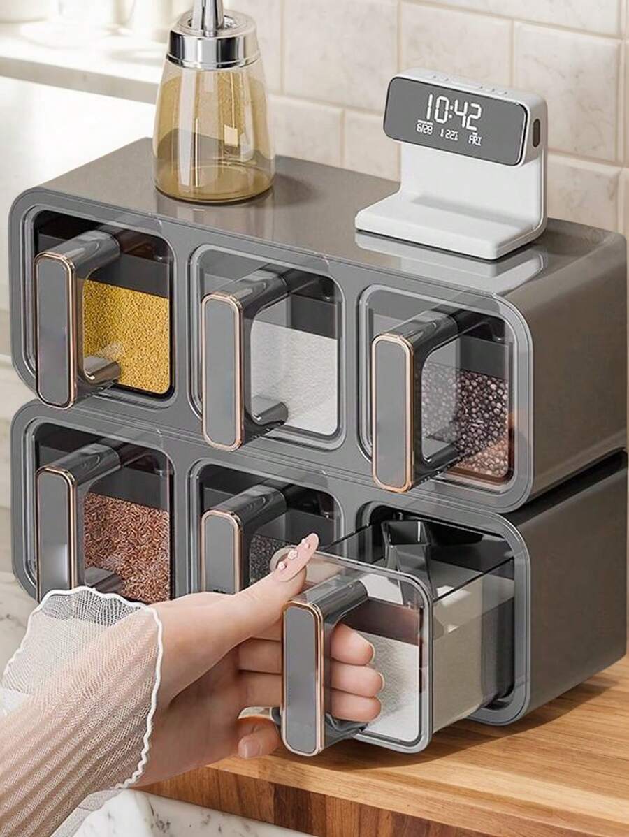 1pc Grey & Milky White Spice Jar, Spice Rack, Spice Drawer Storage Box, Self-Adhesive Wall-Mounted Spice Container, Stylish Appearance Suitable For Cabinet, Kitchen, Sugar, Salt, Pepper And Other Seasonings, Countertop And Food Storage, No Drilling Required - Multicolor - View 1