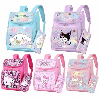 Sanrio 1 pezzo Borsa scolastica multifunzionale Kulomi, zaino e borsa a tracolla, con stampa, include astuccio, design traspirante