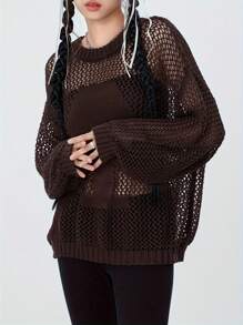 Women Hollow Out Crochet Knit Tops Solid Color Long Sleeve Round Neck Fall Sweaters - 咖啡色 - 查看 7