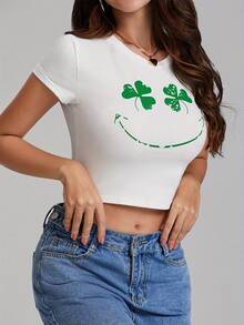 Womenacute;S Easter Crop Tee Cartoon BunnyEgg Print Short Sleeve Round Neck Slim Crop Tops